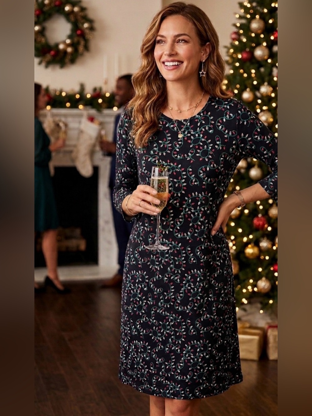 Like New! CELEBRATE TOGETHER Christmas Lights Black Midi Dress